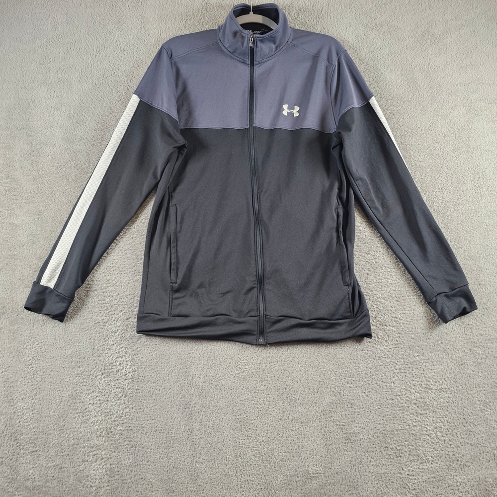 Under Armour Mens Large Gray Black Colorblock Full Zip Track Jacket Fitted